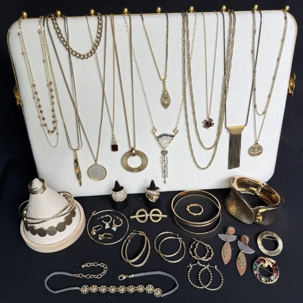 Gold Tone Jewelry Lot Vintage -Now Costume Necklaces Cuff Bracelet Earring Rings